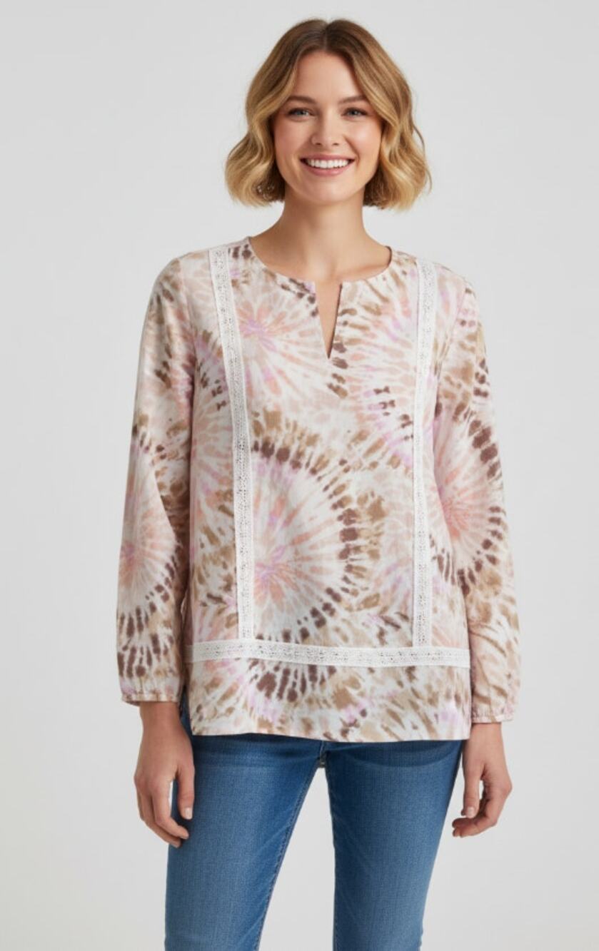 LANDS' END TOP WOMENS LARGE 14/16 COTTON SPLIT NECK TUNIC TIE DYE PINK BROWN